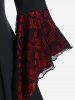 Plus Size Skulls Mesh Panel Bell Sleeves Twist Lace Up Asymmetrical 2 In 1 Top -  
