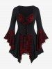 Plus Size Skulls Mesh Panel Bell Sleeves Twist Lace Up Asymmetrical 2 In 1 Top -  