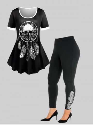 Skull Feather Printed Ringer T Shirt and Feather Patched Side Basic Leggings Plus Size Outfit
