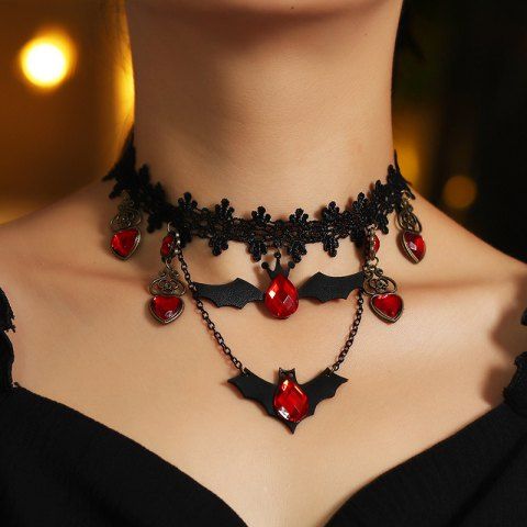 Halloween Bat Lace Pendant Necklace Choker - BLACK