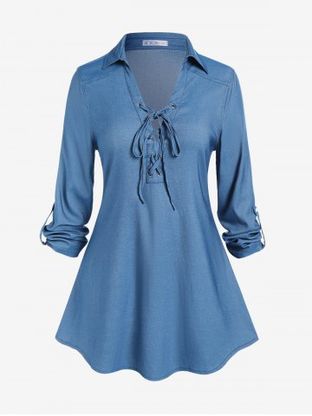 Plus Size Lace Up Roll Tab Sleeves Chambray Tunic Tee