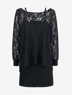 Plus Size Sheer Lace Top and Cami Bodycon Dress Set - BLACK - L | US 12