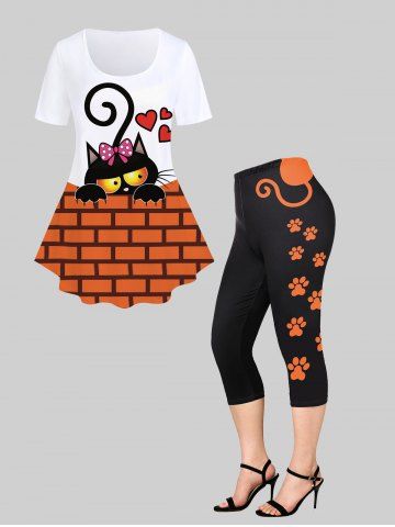Cartoon Cat Printed Colorblock Tee and Cat-pad Printed Leggings Plus Size Outfit - WHITE