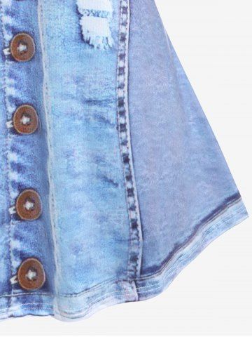 3D Ripped Denim Print T-shirt and High Waist 3D Denim Lace Print Jeggings Plus Size Outfit