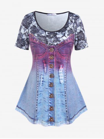 3D Ripped Denim Print T-shirt and High Waist 3D Denim Lace Print Jeggings Plus Size Outfit