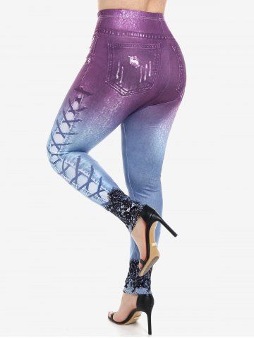 3D Ripped Denim Print T-shirt and High Waist 3D Denim Lace Print Jeggings Plus Size Outfit