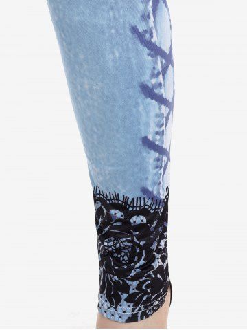 3D Ripped Denim Print T-shirt and High Waist 3D Denim Lace Print Jeggings Plus Size Outfit