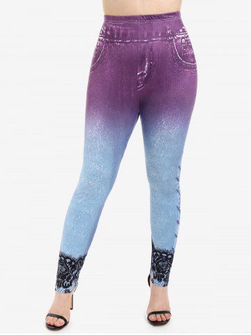 3D Ripped Denim Print T-shirt and High Waist 3D Denim Lace Print Jeggings Plus Size Outfit