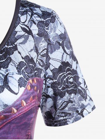 3D Ripped Denim Print T-shirt and High Waist 3D Denim Lace Print Jeggings Plus Size Outfit