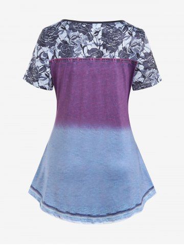 3D Ripped Denim Print T-shirt and High Waist 3D Denim Lace Print Jeggings Plus Size Outfit