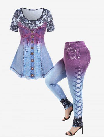 3D Ripped Denim Print T-shirt and High Waist 3D Denim Lace Print Jeggings Plus Size Outfit - PURPLE