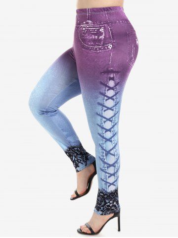 3D Ripped Denim Print T-shirt and High Waist 3D Denim Lace Print Jeggings Plus Size Outfit