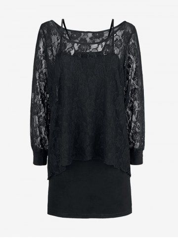 Plus Size Sheer Lace Top and Cami Bodycon Dress Set - BLACK - 5X | US 30-32