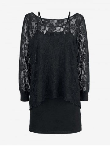 Plus Size Sheer Lace Top and Cami Bodycon Dress Set - BLACK - 3X | US 22-24
