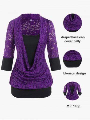 Plus Size Lace Panel Cowl Front Faux Twinset Tee