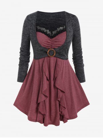 Plus Size Flounce Lace Trim Colorblock Twofer Tee