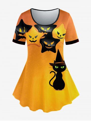 Plus Size Halloween Pumpkin Face Cat Print T-shirt
