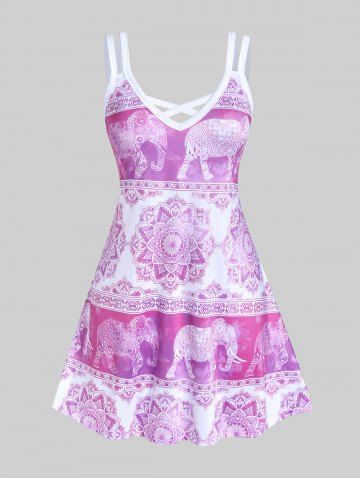 Plus Size Ethnic Elephant Print Crisscross Dress - LIGHT PINK - 5X | US 30-32