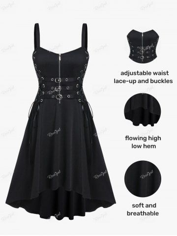 Plus Size Grommets Lace Up Buckles Zipper High Low Midi Dress - BLACK - M | US 10