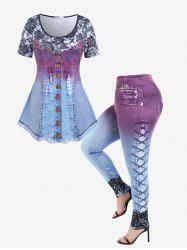 3D Ripped Denim Print T-shirt and High Waist 3D Denim Lace Print Jeggings Plus Size Outfit -  