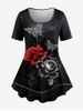 T-shirt à Imprimé Rose Papillon de Grande Taille à Manches Courtes - Noir 