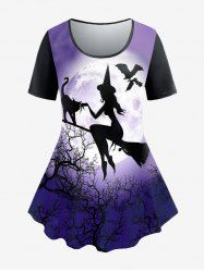 Plus Size Witch Bats Cat Printed Halloween Tee -  
