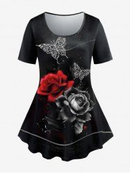 T-shirt à Imprimé Rose Papillon de Grande Taille à Manches Courtes - Noir 5x | US 30-32