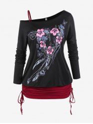 Plus Size Skew Neck Floral Print Tee and Cinched Tank Top Set -  