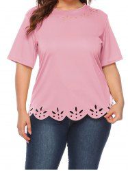 Plus Size Solid Color Laser Cut Out Scalloped Casual Summer T Shirt -  