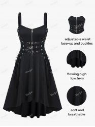Plus Size Grommets Lace Up Buckles Zipper High Low Midi Dress -  