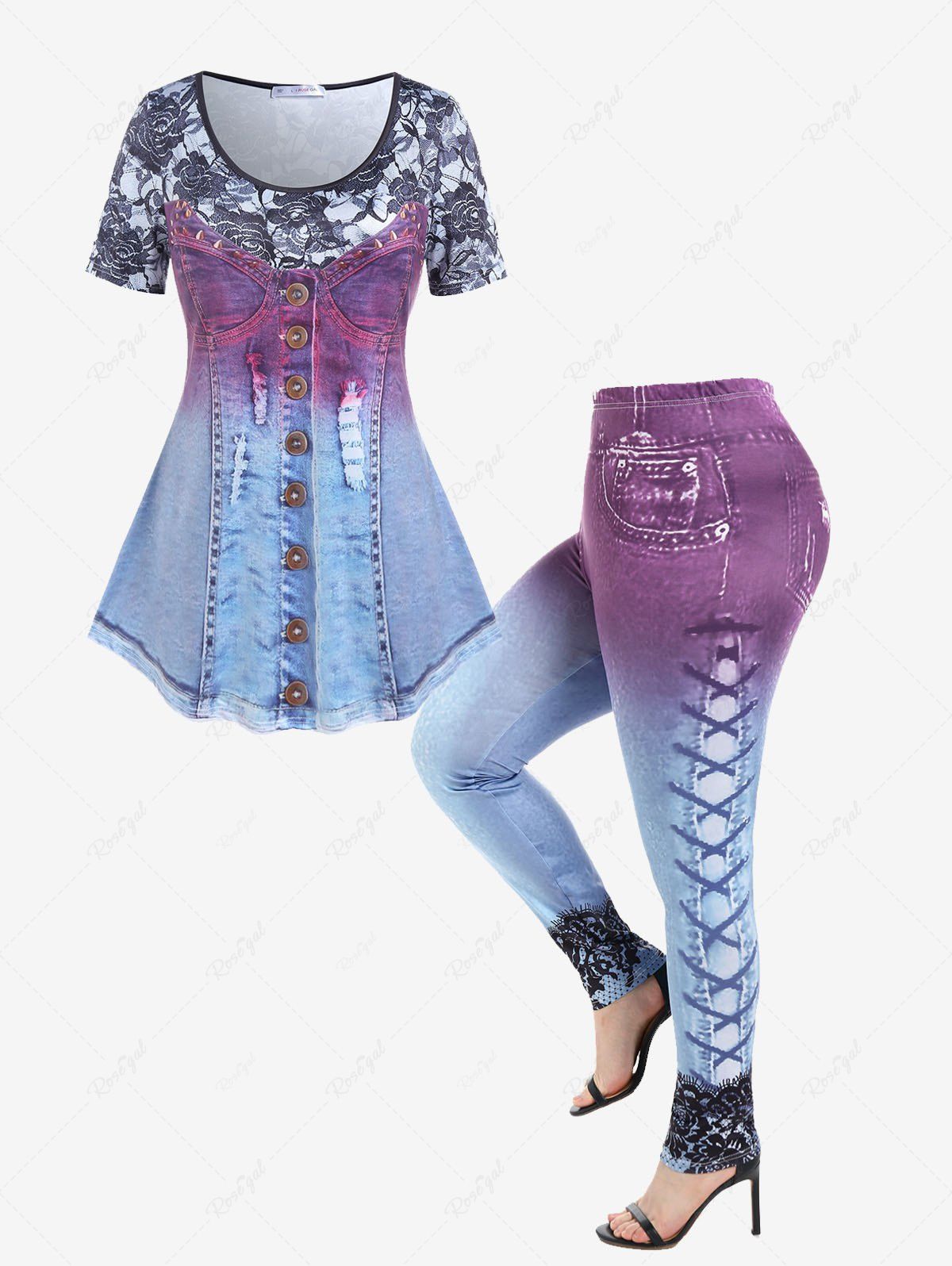 Cheap 3D Ripped Denim Print T-shirt and High Waist 3D Denim Lace Print Jeggings Plus Size Outfit  
