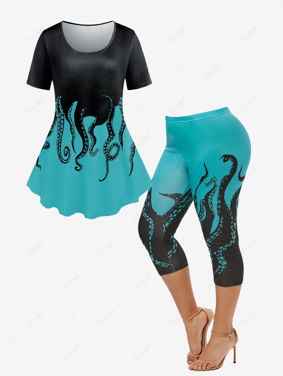 Outfit Octopus Print Tee and Octopus Print Cropped Leggings Plus Size Matching Set  