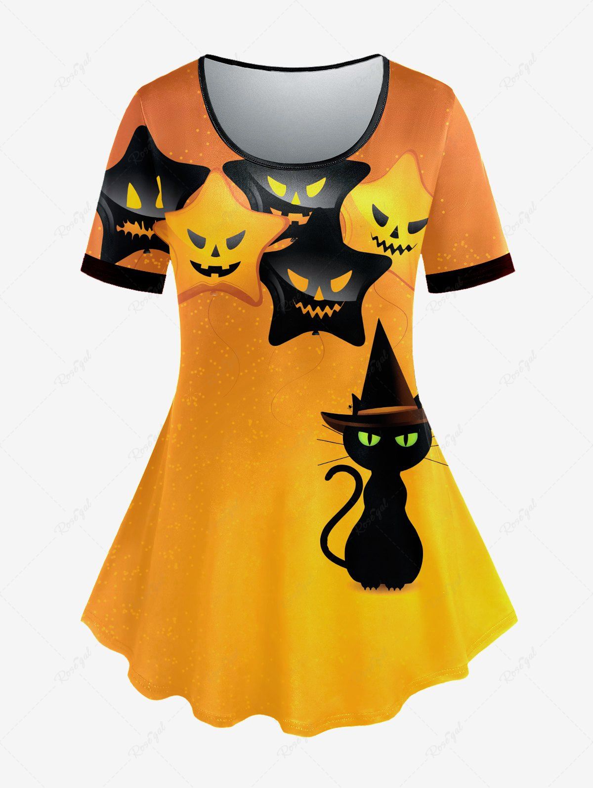 Outfit Plus Size Halloween Pumpkin Face Cat Print T-shirt  