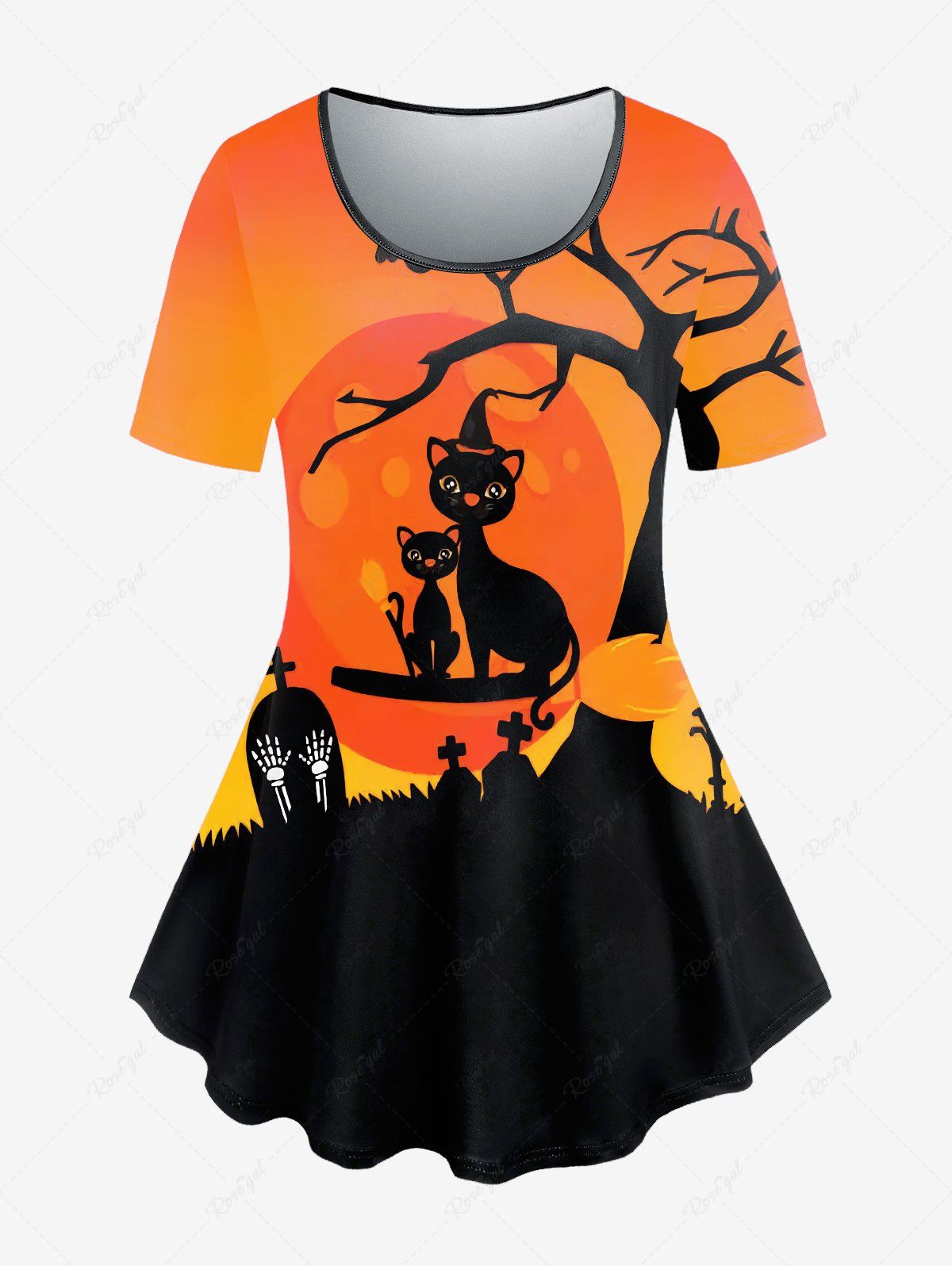 T-shirt D'Halloween à Imprimé Chat et Arbre de Grande Taille Orange 2X | US 18-20