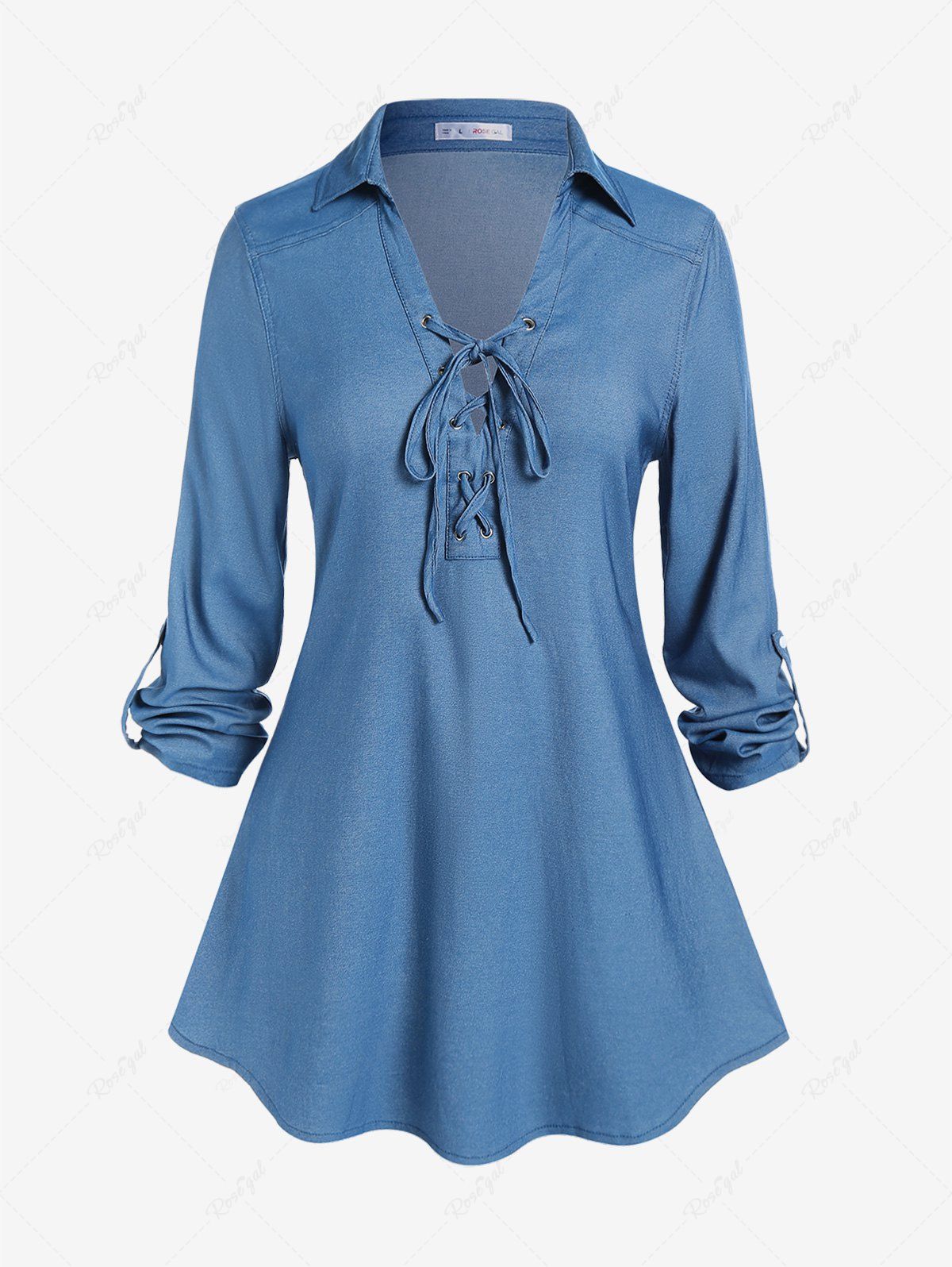 Trendy Plus Size Lace Up Roll Tab Sleeves Chambray Tunic Tee  