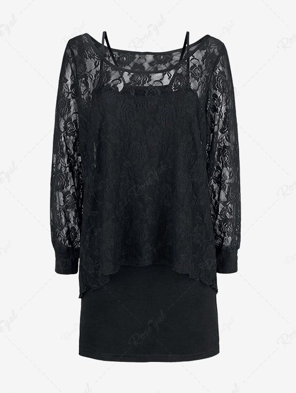 Discount Plus Size Sheer Lace Top and Cami Bodycon Dress Set  