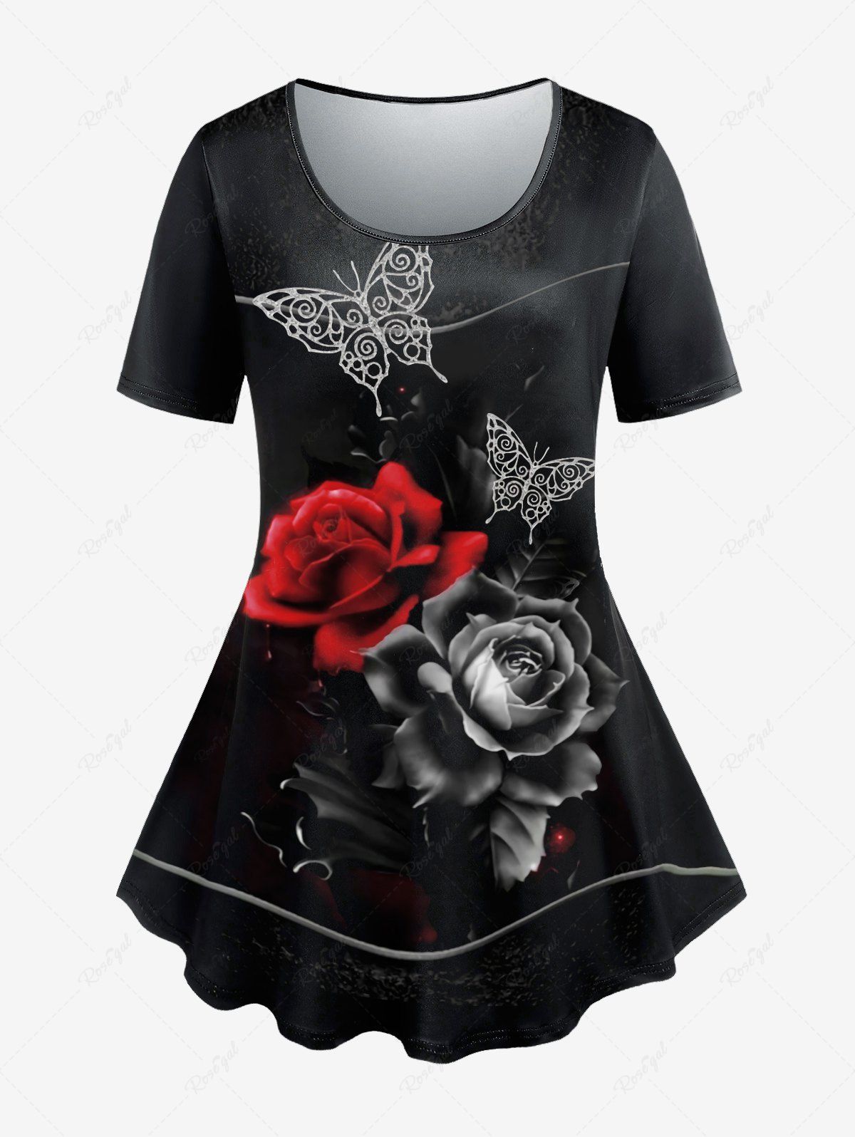 T-shirt à Imprimé Rose Papillon de Grande Taille à Manches Courtes Noir 5x | US 30-32