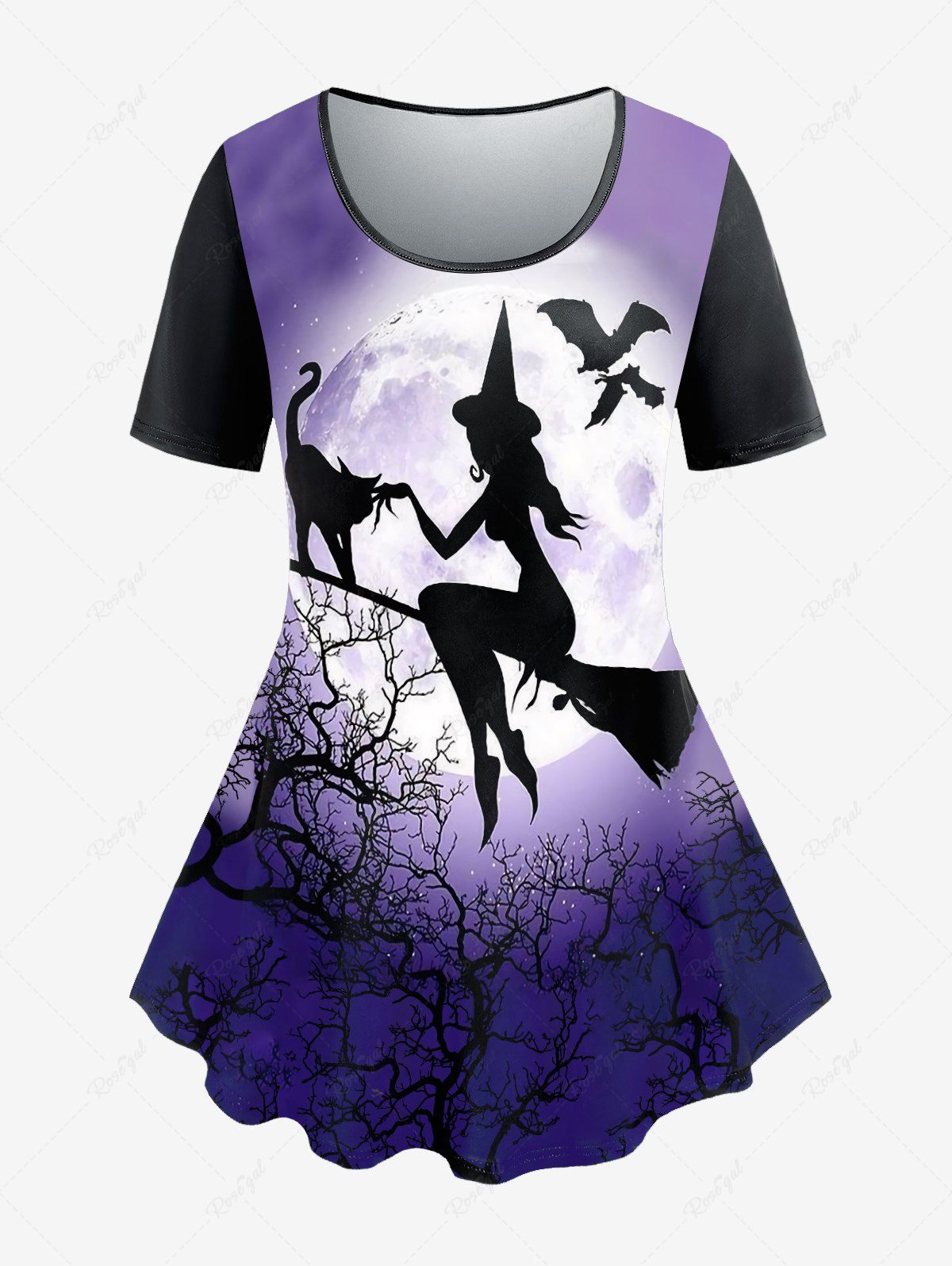 T-shirt D'Halloween à Imprimé Chat Chauve-souris de Grande Taille Violet clair 