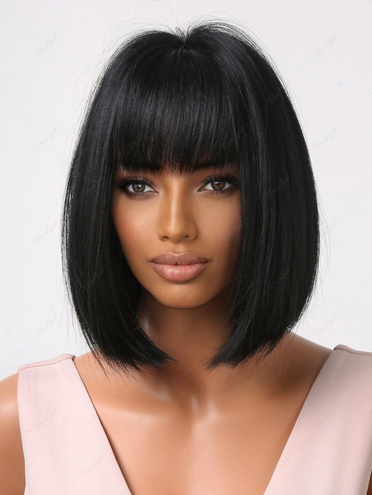 Perruque Synthétique Lisse Coupe Au Carré avec Frange Noir Ensemble de 1 Pièce 12 pouces