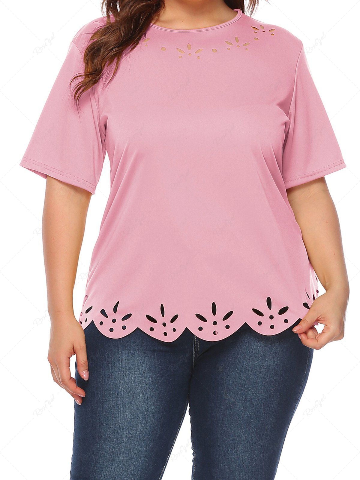 Fashion Plus Size Solid Color Laser Cut Out Scalloped Casual Summer T Shirt  