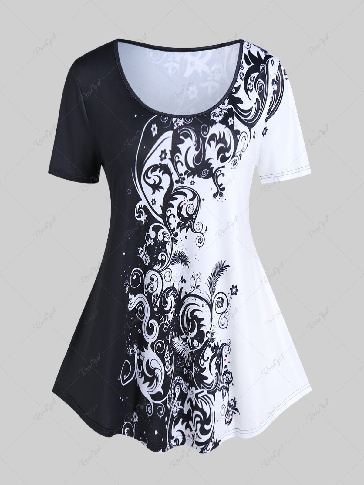 T-shirt Bicolore à Imprimé Fleur de Grande Taille Noir 
