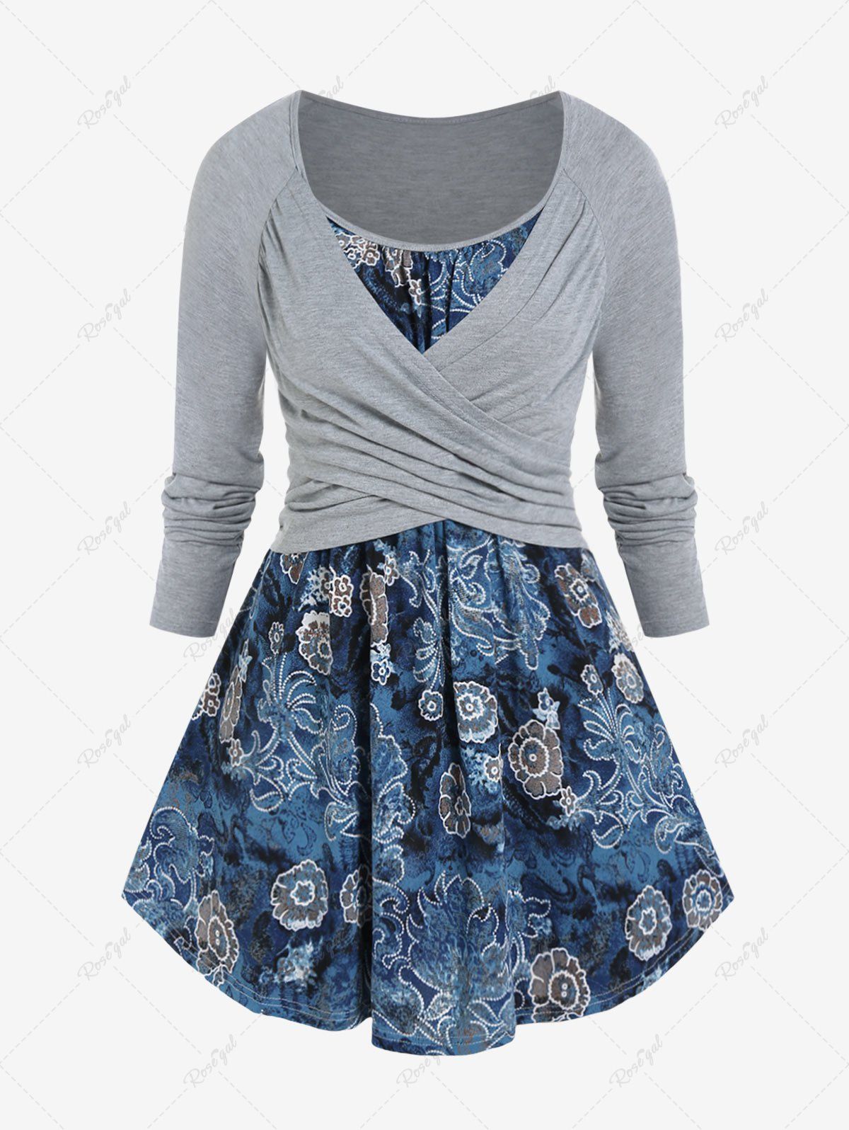 Outfits Plus Size Flower Cross Colorblock Raglan Sleeves 2 in 1 Tee  