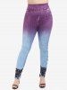 3D Ripped Denim Print T-shirt and High Waist 3D Denim Lace Print Jeggings Plus Size Outfit -  