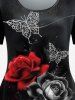 T-shirt à Imprimé Rose Papillon de Grande Taille à Manches Courtes - Noir 5x | US 30-32