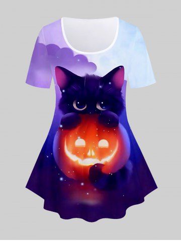 Plus Size Halloween Cat Pumpkin Print Tee - CONCORD - L | US 12