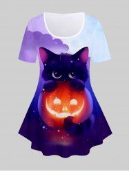 Plus Size Halloween Cat Pumpkin Print Tee -  