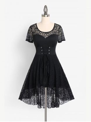 Vintage Gothic Skull Lace Panel High Low Midi Dress