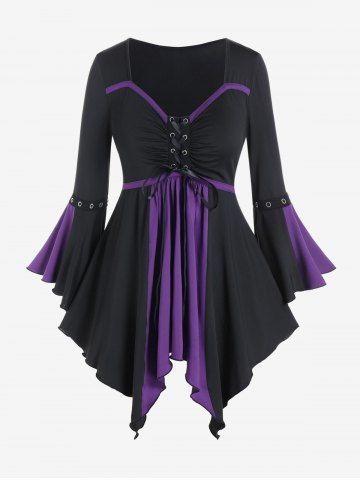 Gothic Flare Sleeves Lace Up Two Tone Handkerchief Tee - PURPLE - 2X | US 18-20