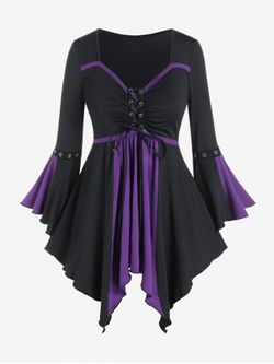 Gothic Flare Sleeves Lace Up Two Tone Handkerchief Tee - PURPLE - 3X | US 22-24