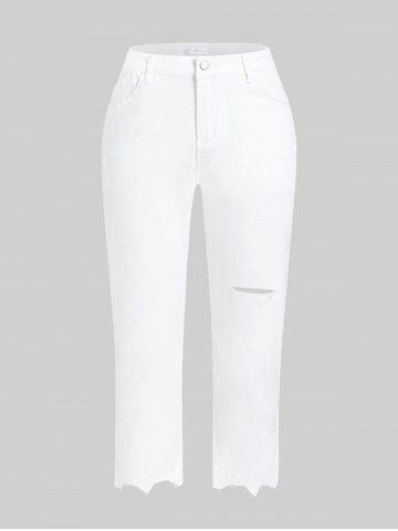Plus Size & Curve Ripped Raw Hem Tapered Cropped Jeans - WHITE - 1X
